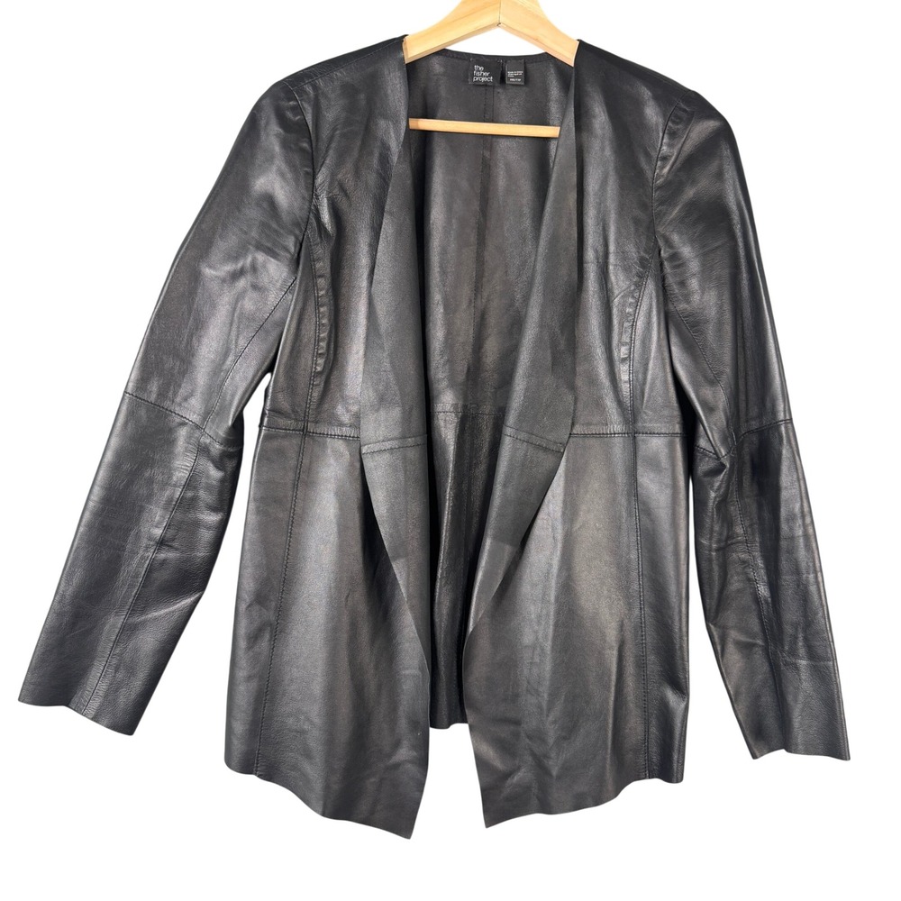 The Fisher Project Eileen Fisher Black Lamb Leather Open Front Drape Jacket XXS
